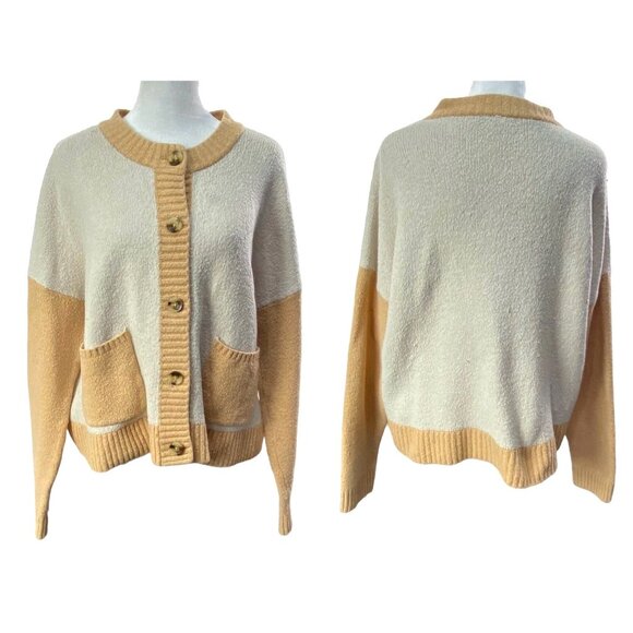 MADEWELL Women Colburne Cardigan Sweater Colorblock Sz L Long Sleeve Tan Cream - Picture 1 of 15